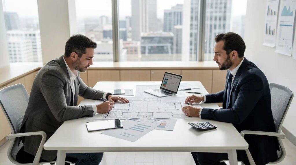 A property investor and a tax professional are engaged in a detailed discussion while reviewing building plans in a bright office. They are likely strategizing on tax benefits, including bonus depreciation and cost segregation studies, to maximize deductions for their investment properties.