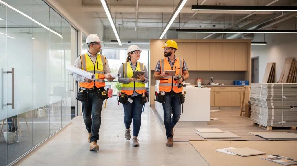 A group of construction professionals is walking through a newly renovated commercial interior, carrying tools and materials. The setting showcases the interior portion of a commercial property, highlighting the potential for tax benefits like bonus depreciation and cost segregation studies for real estate investors and property owners.