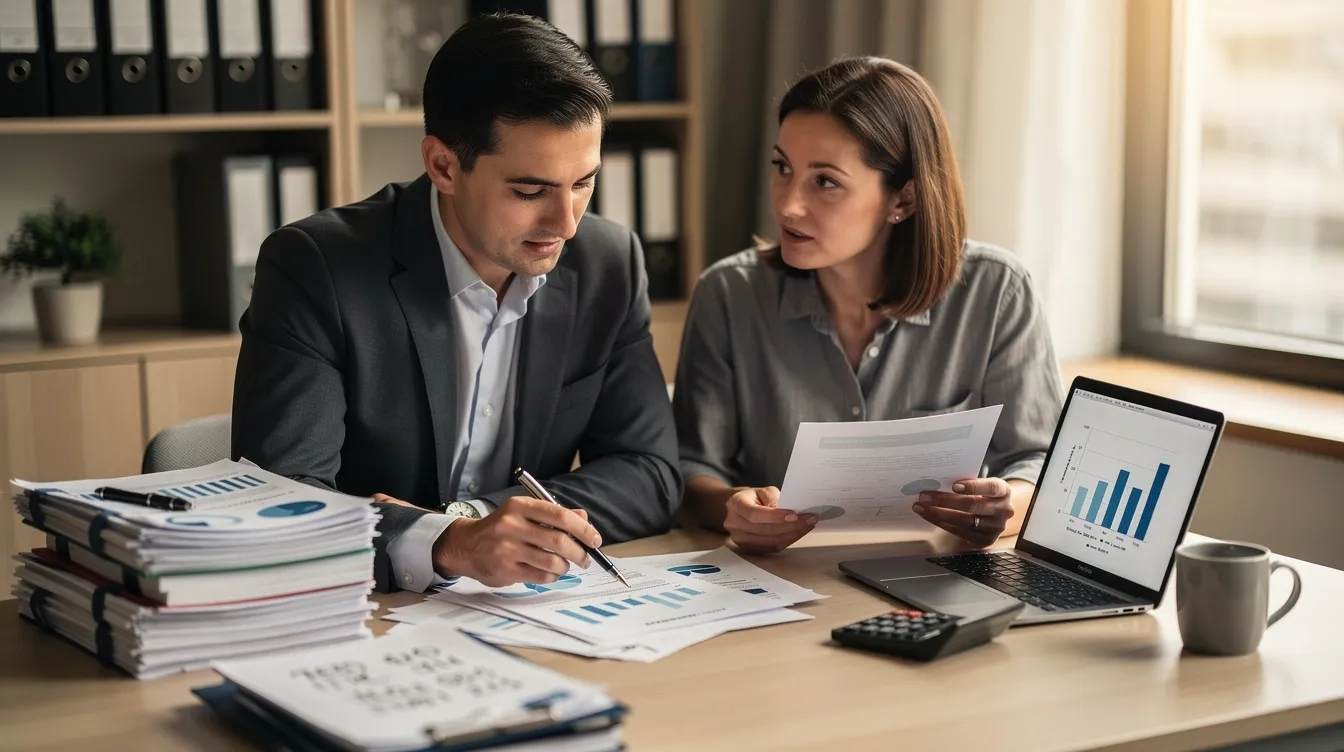 A business tax advisor and a small business owner are engaged in a discussion at a desk, reviewing financial documents related to tax preparation and planning. The advisor is providing strategic guidance on tax deductions and potential savings to help the owner manage their tax situation effectively.