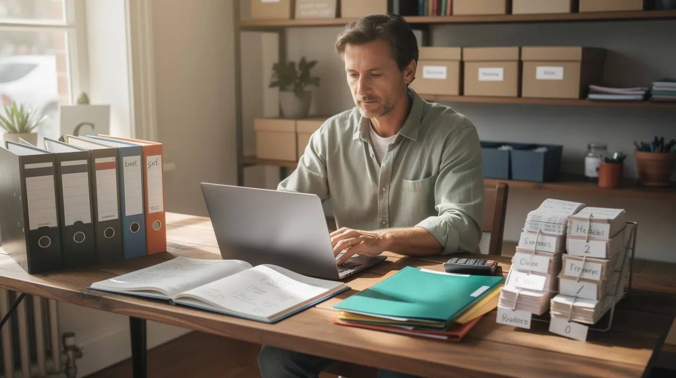 A small business owner is focused on their laptop while surrounded by neatly organized receipts and financial records, highlighting the importance of tax preparation and strategic financial planning for small businesses. This scene emphasizes the need for efficient bookkeeping and tax advice to minimize tax liability and maximize savings.