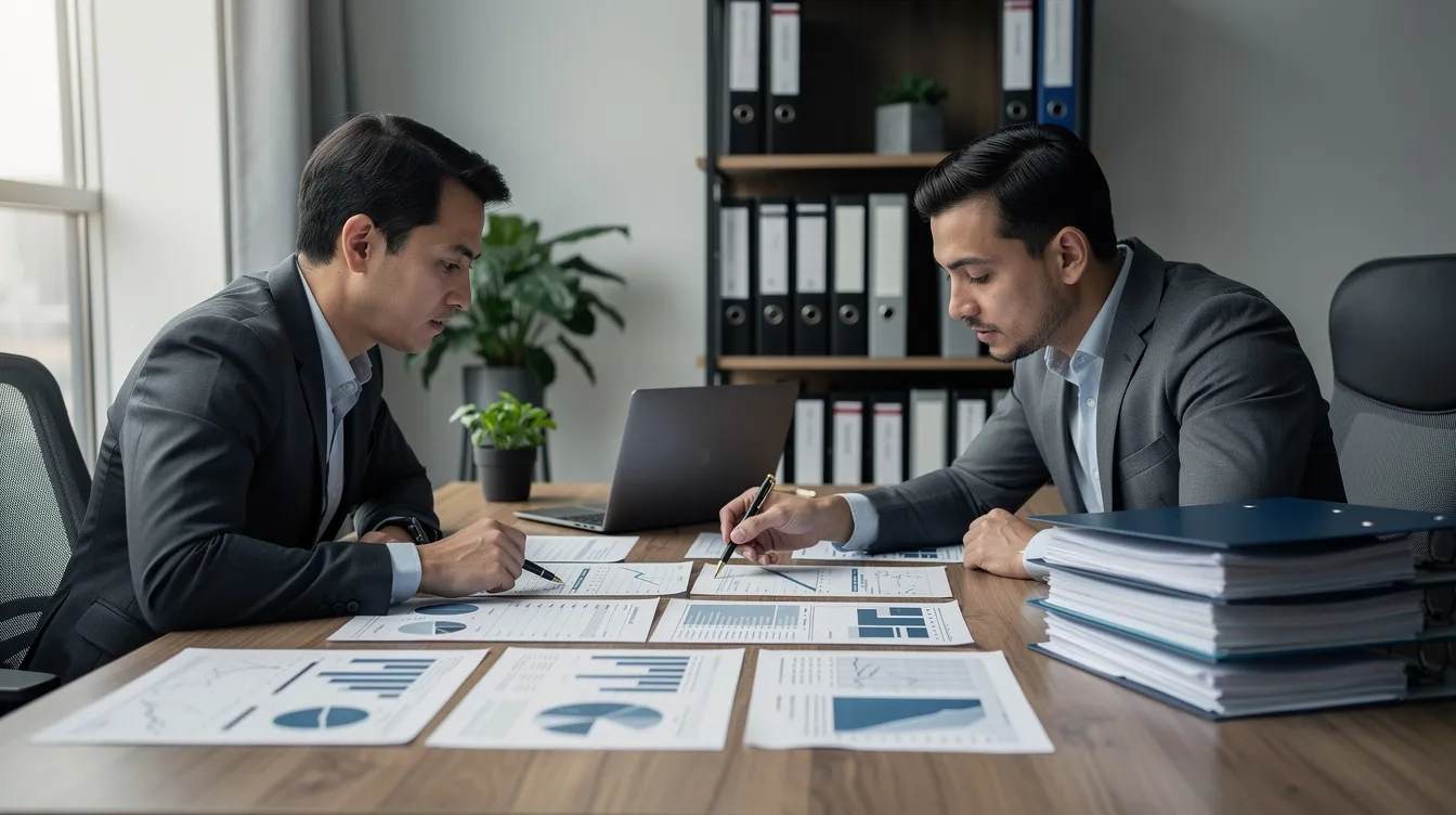A business owner is seated at a desk in a quiet office, reviewing financial paperwork with a tax advisor who is providing strategic guidance on tax planning and preparation services. The scene emphasizes the importance of business consulting and tax strategy for effective financial management.