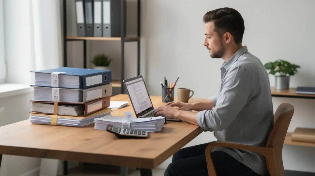 A small business owner is sitting at a desk using a laptop, surrounded by neatly organized receipts, reflecting their proactive approach to tax preparation and planning. This scene highlights the importance of personalized guidance from tax professionals to manage tax liability and stay compliant with local jurisdictions.