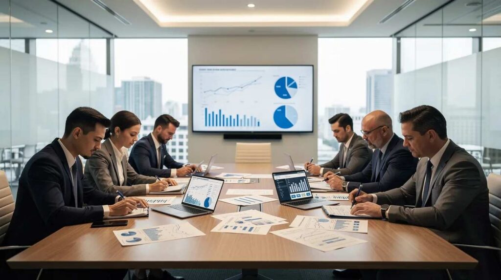A corporate finance team is gathered in a conference room, reviewing documents and discussing tax implications and strategies. They appear focused on ensuring compliance with tax laws and exploring tax saving opportunities to support their business goals.