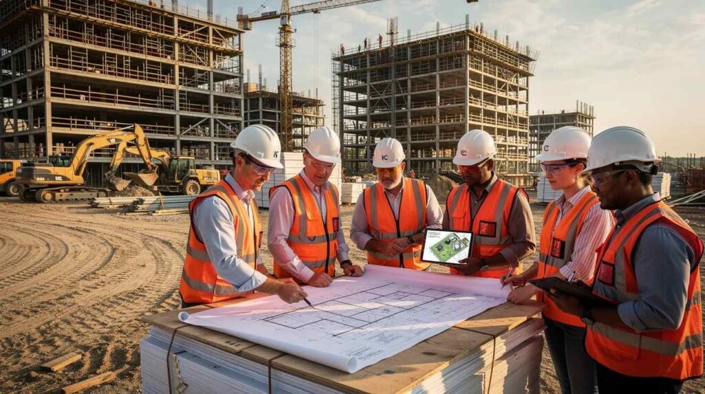 The image depicts a busy construction site where professionals are gathered around a set of blueprints, discussing plans and strategies. This scene reflects the importance of careful planning and compliance in business operations, similar to how tax professionals assess tax implications and ensure compliance with regulations.