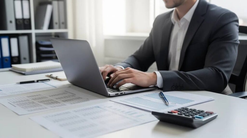 An accountant is focused on their laptop, surrounded by financial papers, as they work on tax preparation and corporate tax returns. The scene reflects the importance of tax planning and compliance services in managing tax liabilities and maximizing tax efficiency for clients.