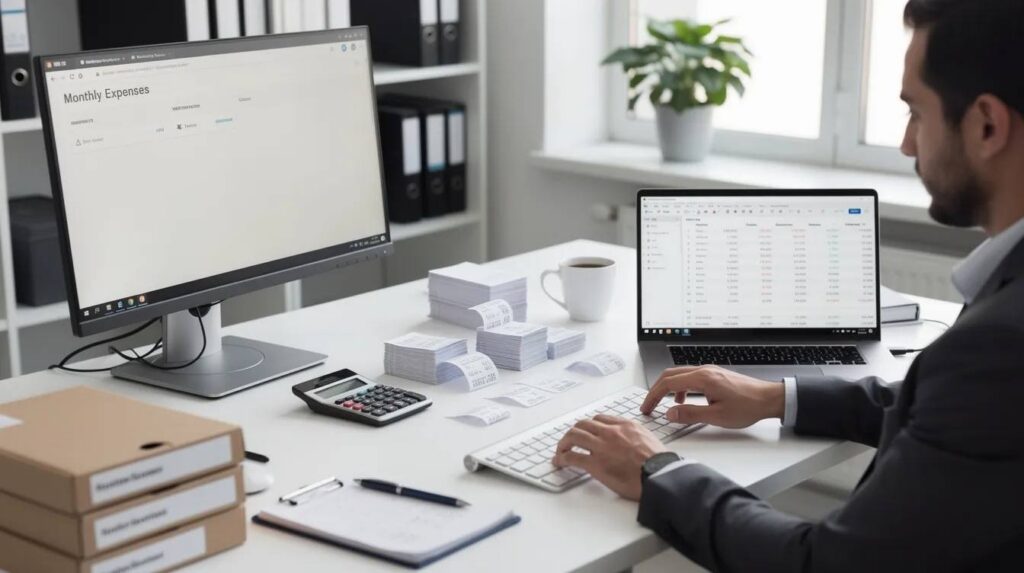 An accountant is diligently organizing receipts and digital records at a desk, surrounded by tax documents and financial statements, preparing for tax season. This scene reflects the meticulous work of tax professionals as they ensure compliance with tax laws and optimize tax planning for their clients.