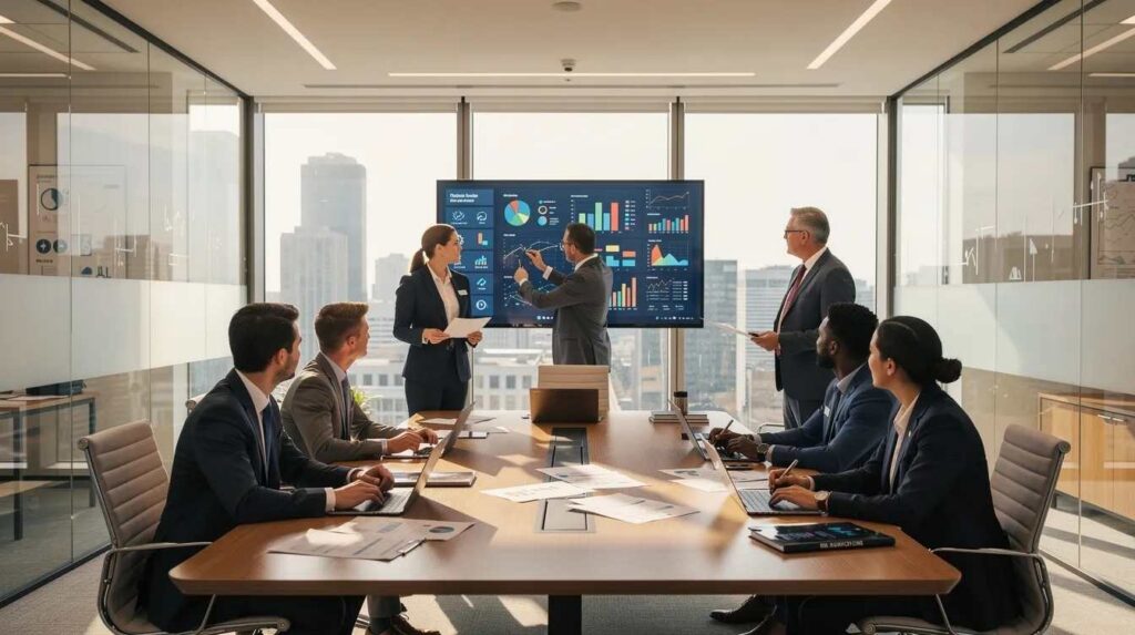A finance team of diverse professionals is engaged in a discussion around a conference table, focusing on business plans that likely involve strategies for corporate income tax and tax planning services. They are reviewing financial statements and tax documents, highlighting their deep tax expertise and commitment to helping clients navigate complex tax issues and remain compliant.