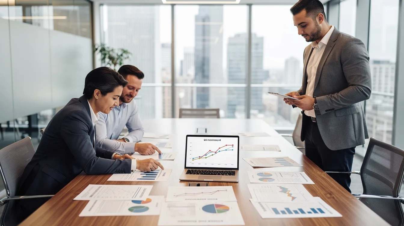 In a modern office, business professionals are collaboratively reviewing financial records, focusing on tax documents and financial statements to ensure compliance with tax law and optimize tax savings. Their deep tax expertise aids in navigating complex tasks related to corporate income tax and tax planning services.