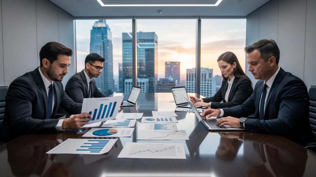 A group of business professionals is gathered around a conference table, reviewing financial documents and discussing strategies for tax planning and compliance services. They appear focused on optimizing corporate income tax and ensuring adherence to tax laws, showcasing their expertise in tax efficiency and advisory services.