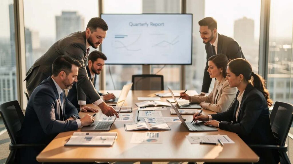 A group of professionals is engaged in a discussion around documents in a conference room, focusing on tax planning and corporate tax strategies. They are likely reviewing tax compliance and preparing for the upcoming tax year, aiming to streamline processes and mitigate risks for their clients.