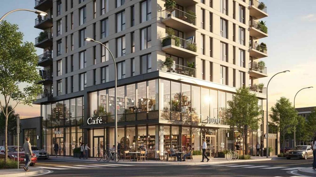 The image depicts a mixed-use real estate property featuring residential apartments situated above ground-floor retail spaces, showcasing the integration of living and commercial environments. This type of property can benefit from cost segregation studies to maximize depreciation deductions and enhance cash flow for property owners and real estate investors.
