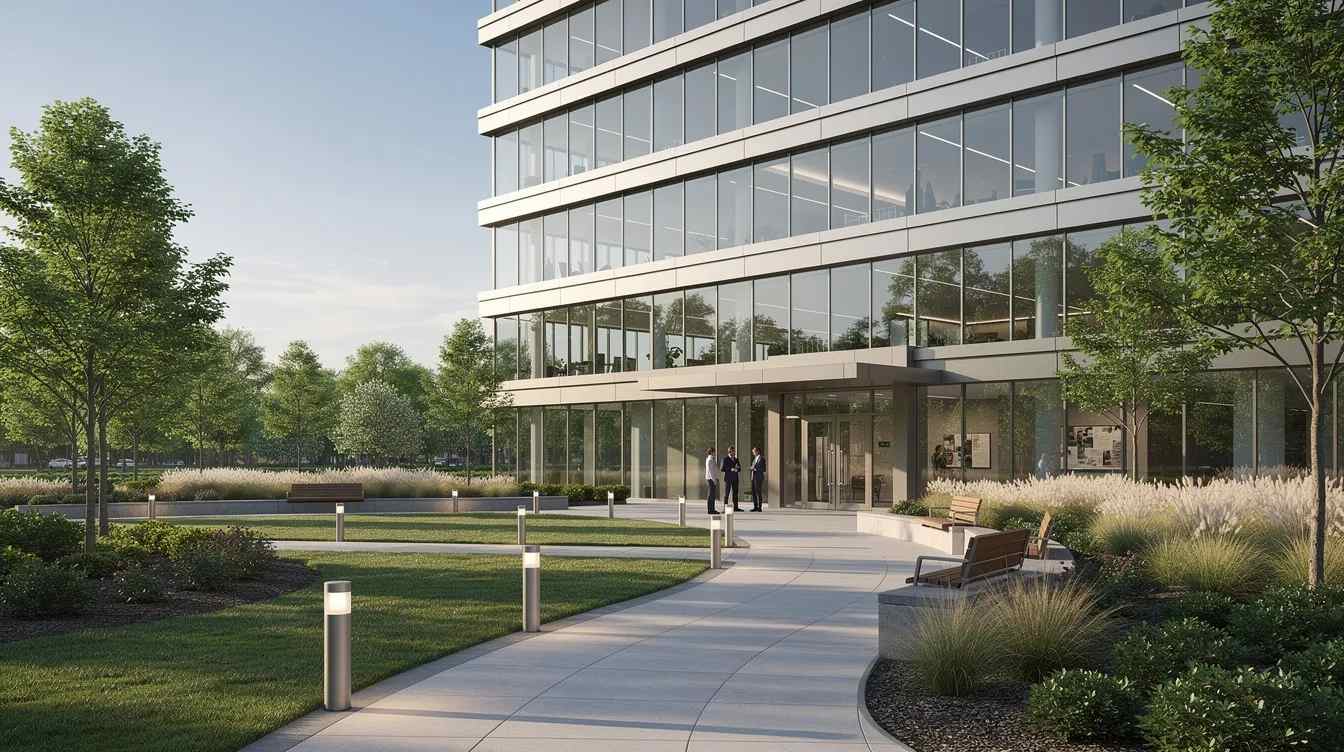 The image depicts a modern commercial building exterior surrounded by landscaped walkways, showcasing a well-designed space that enhances the propertyโs appeal. This setting is ideal for property owners and real estate investors looking to maximize depreciation deductions and benefit from cost segregation services.