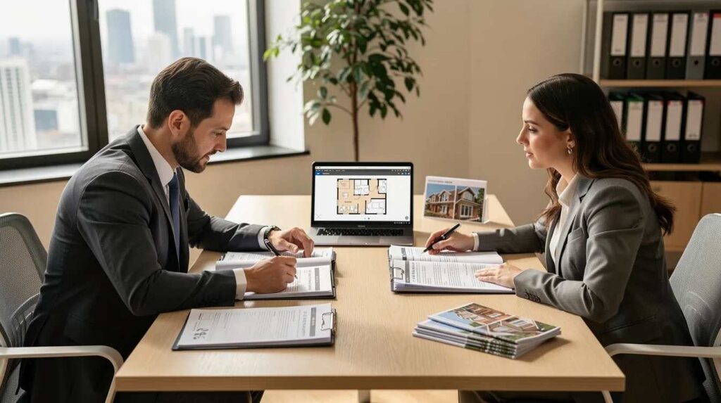 A real estate investor is seated at a desk, reviewing property documents with an advisor, discussing strategies for maximizing tax savings through cost segregation studies. They are focused on understanding depreciation deductions and the potential tax benefits for their investment properties.