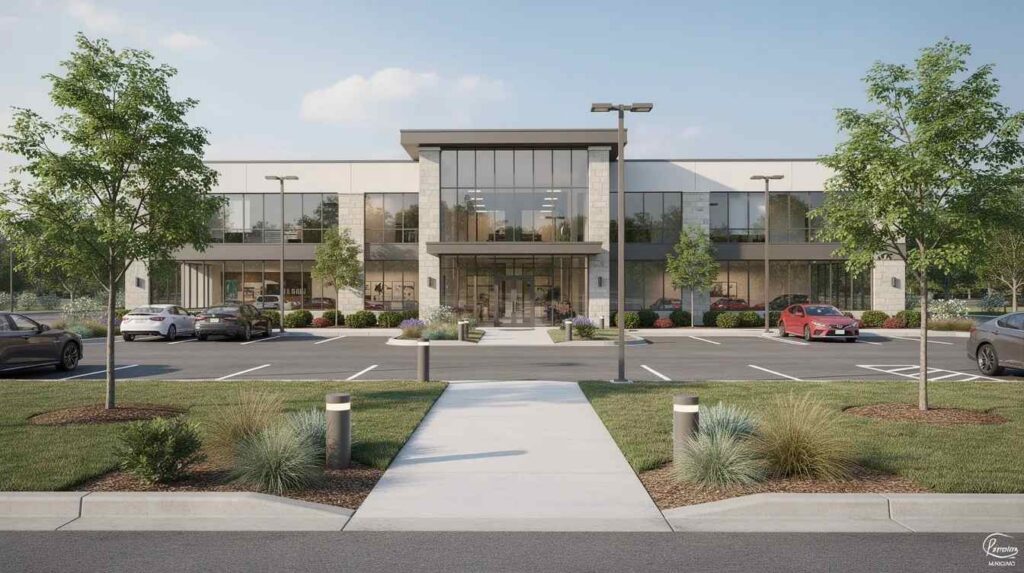 The image depicts the exterior of a commercial property featuring a well-landscaped parking area, ideal for property owners and real estate investors looking to maximize tax savings through cost segregation services. This inviting setting highlights the potential for significant tax benefits and improved cash flow for investment properties.
