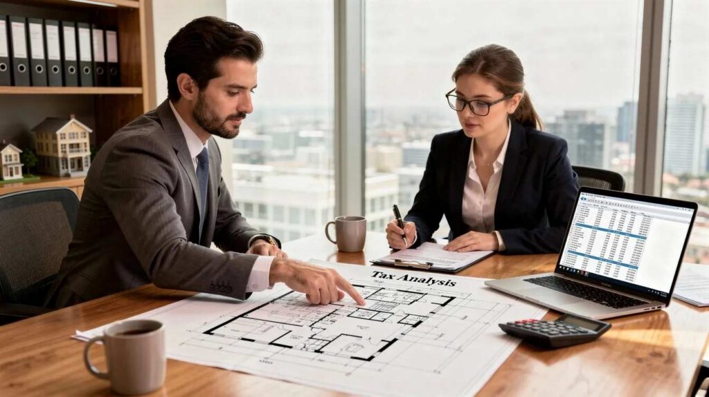 A real estate investor is seated at a table, reviewing building plans with a tax professional, discussing strategies for maximizing tax savings through cost segregation. The two are focused on identifying potential depreciation deductions to enhance cash flow and reduce taxable income for their real estate investments.