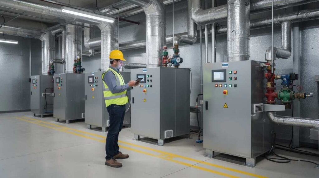 An engineer is inspecting the mechanical and structural systems of a commercial building, focusing on various components to identify potential cost segregation benefits for property owners. This detailed analysis aims to maximize tax savings through accelerated depreciation deductions and enhance cash flow for real estate investors.
