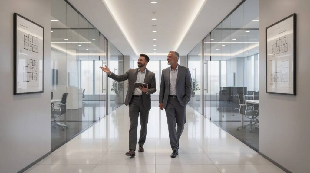 An advisor and a property owner are walking through a hallway of a commercial building, discussing potential tax benefits and cost segregation strategies to maximize tax savings for real estate investments. The setting highlights the importance of cost segregation services in identifying building components that qualify for accelerated depreciation and substantial tax savings.