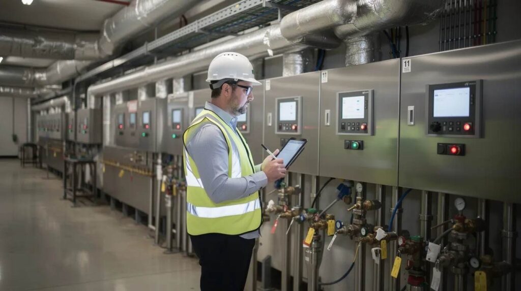 An engineer is inspecting the building systems inside a commercial property, focusing on various structural components and plumbing fixtures. This site visit is crucial for conducting a comprehensive cost segregation study to help property owners maximize tax savings through accelerated depreciation and detailed documentation.