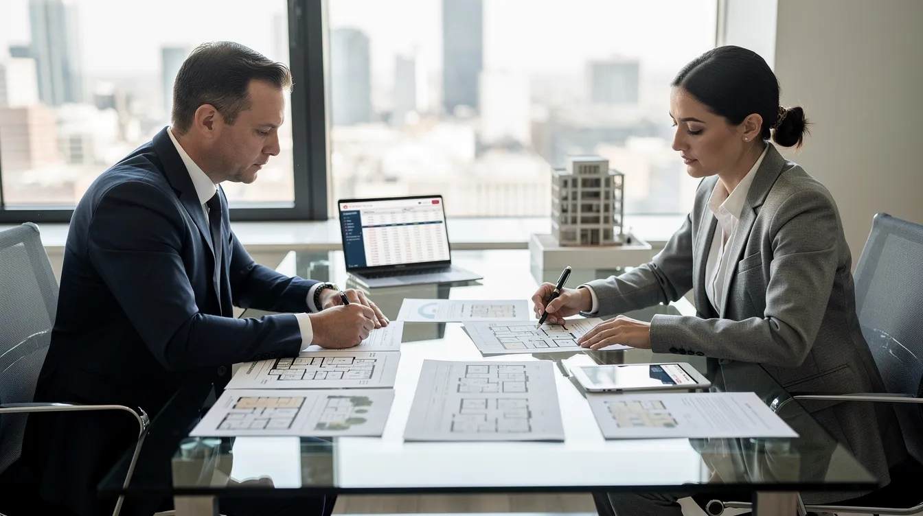 A real estate investor is seated at a table, reviewing property documents with an advisor, who is pointing out key details related to cost segregation services. The atmosphere suggests a focus on maximizing tax savings through strategies like accelerated depreciation and comprehensive cost segregation studies.