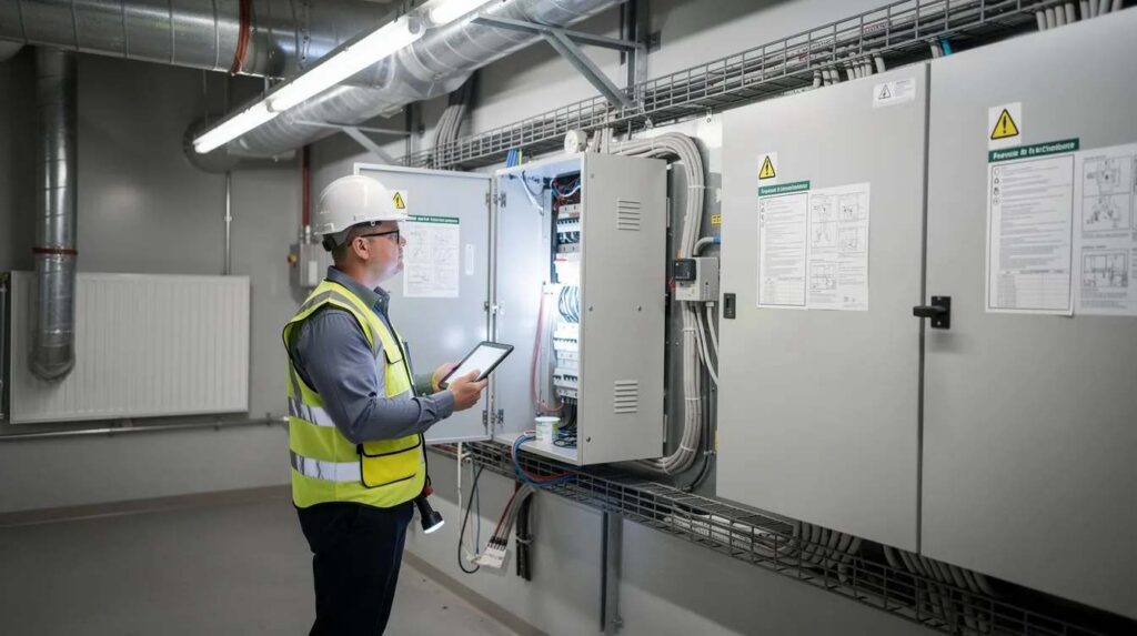 A professional is inspecting the mechanical and electrical systems inside a commercial building, focusing on the various building components to assess potential cost segregation opportunities. This analysis aims to maximize depreciation deductions and enhance cash flow for property owners through effective tax strategies.