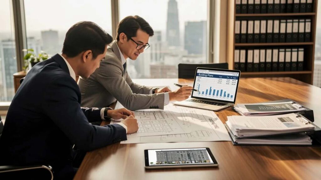An investor is seated at a desk, examining building documents with a tax advisor, discussing strategies for maximizing tax savings through cost segregation services. The advisor provides insights into depreciation deductions and tax benefits that can enhance cash flow for real estate investors.