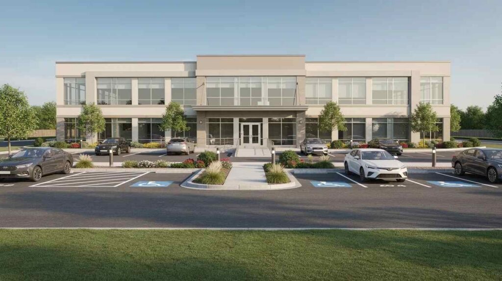 The image depicts the exterior of a commercial building, featuring a well-maintained parking area and landscaped surroundings. This setting is ideal for property owners and real estate investors looking to enhance their tax strategy through cost segregation services and maximize their tax benefits.