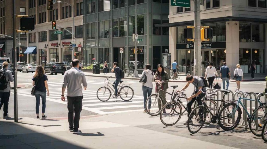 The image shows a diverse group of people walking near an urban crosswalk, with bicycles parked nearby, illustrating the transportation options available in Kansas City. This scene reflects community engagement and responsible mobility choices, inviting participants to explore opportunities for learning and connection in their environment.