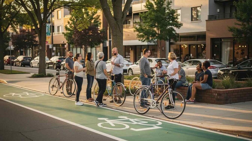 A group of neighbors stands together near a sidewalk and bike lane in a Kansas City neighborhood, engaging in conversation and sharing information about community programs and transportation opportunities. The scene emphasizes a sense of connection and collaboration among participants.