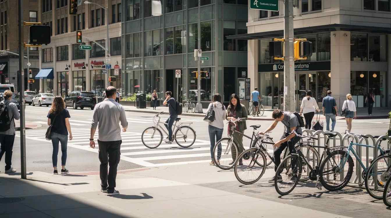 The image shows a diverse group of people walking near an urban crosswalk, with bicycles parked nearby, illustrating the transportation options available in Kansas City. This scene reflects community engagement and responsible mobility choices, inviting participants to explore opportunities for learning and connection in their environment.