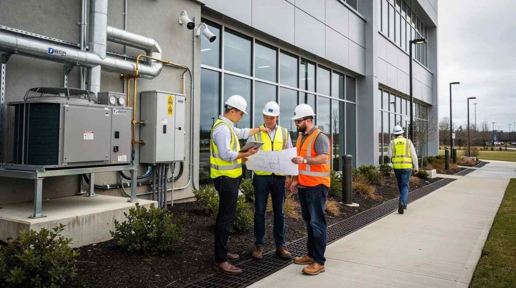 A team of technical expertise engineers is conducting a site inspection of a commercial property, examining building equipment and exterior features to identify specific components for an engineering based cost segregation study. This analysis aims to maximize tax savings and improve cash flow for property owners by reclassifying building components and land improvements for accelerated depreciation benefits.