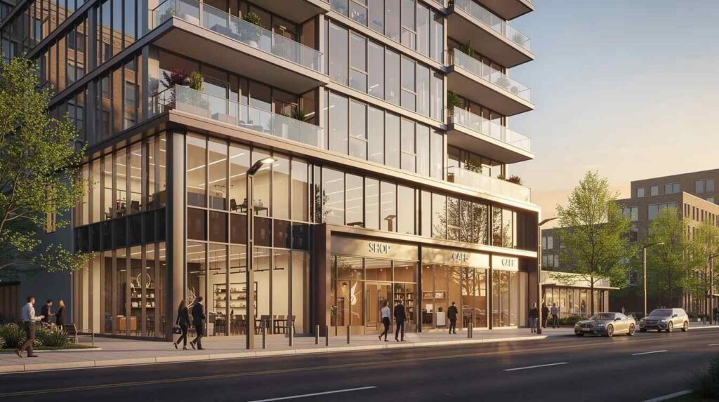 The image depicts a modern commercial and mixed-use building exterior, showcasing sleek architectural lines and a blend of glass and metal materials. This structure represents potential opportunities for property owners to utilize engineering based cost segregation studies to maximize tax savings and improve cash flow through accelerated depreciation and reclassifying building components.