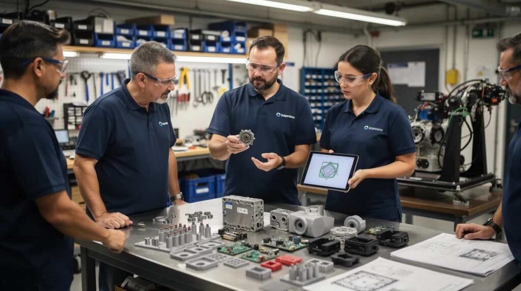 A group of engineers is gathered in a workshop, intently reviewing prototype components on a workbench, surrounded by various tools and materials. This scene highlights the collaborative effort in research and development, essential for innovative businesses seeking to maximize their tax credits and ensure compliance with financial regulations.