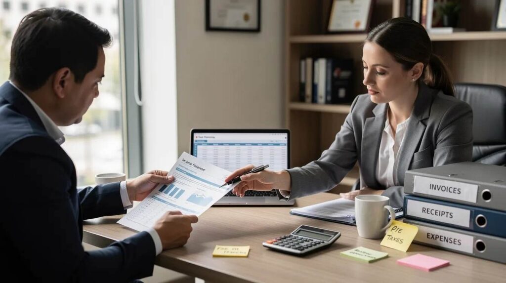 A business owner is seated at a desk, reviewing financial documents with a certified public accountant, focusing on eligibility requirements for the employee retention credit (ERC). They discuss strategies to maximize refunds and navigate the IRS audits related to the paycheck protection program and other tax credits.