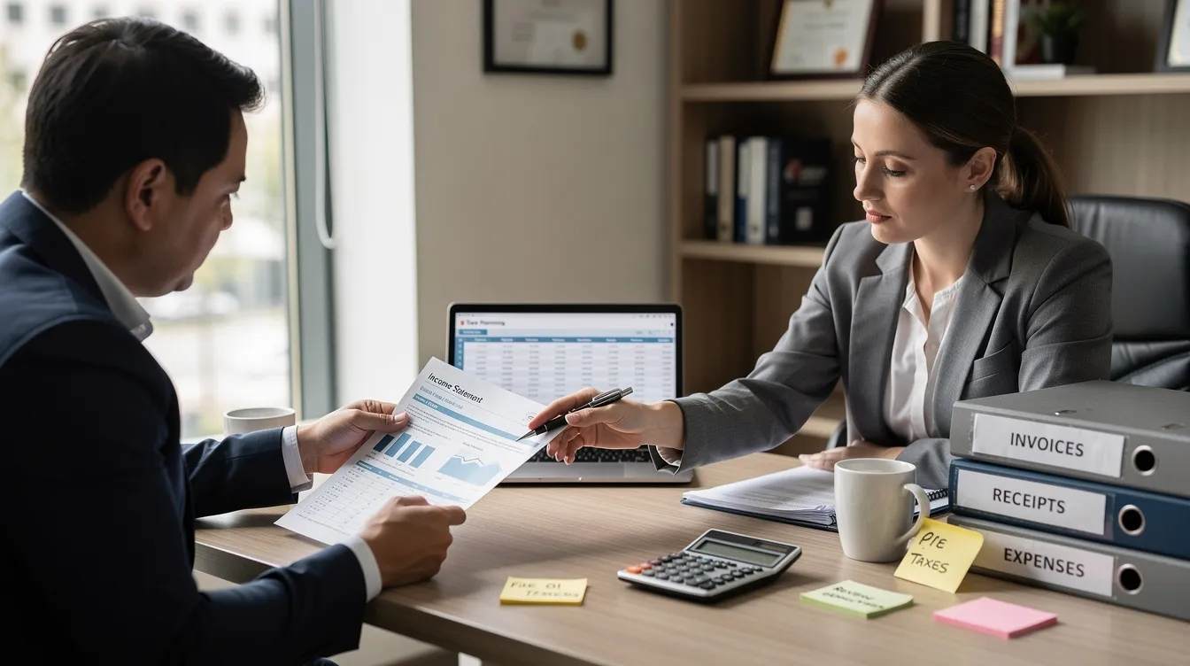 A business owner is seated at a desk, reviewing financial documents with a certified public accountant, focusing on eligibility requirements for the employee retention credit (ERC). They discuss strategies to maximize refunds and navigate the IRS audits related to the paycheck protection program and other tax credits.
