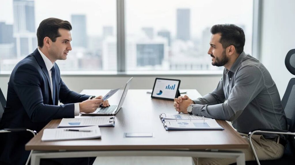 A tax professional is meeting with a business owner in an office setting, discussing the employee retention credit and eligibility requirements for the ERC program. They are reviewing the business's financial documents to determine if it qualifies for refundable tax credits under the CARES Act, while addressing potential IRS audits and the streamlined process for filing claims.