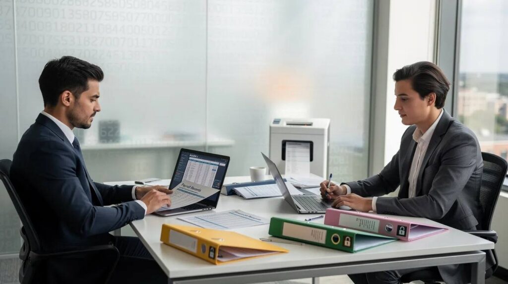The image depicts a professional setting where a certified public accountant is securely reviewing payroll records and financial files, ensuring compliance with eligibility requirements for the employee retention credit (ERC) program. This process involves analyzing documents related to qualified wages and government orders, providing guidance to eligible employers on maximizing their refundable tax credit claims.
