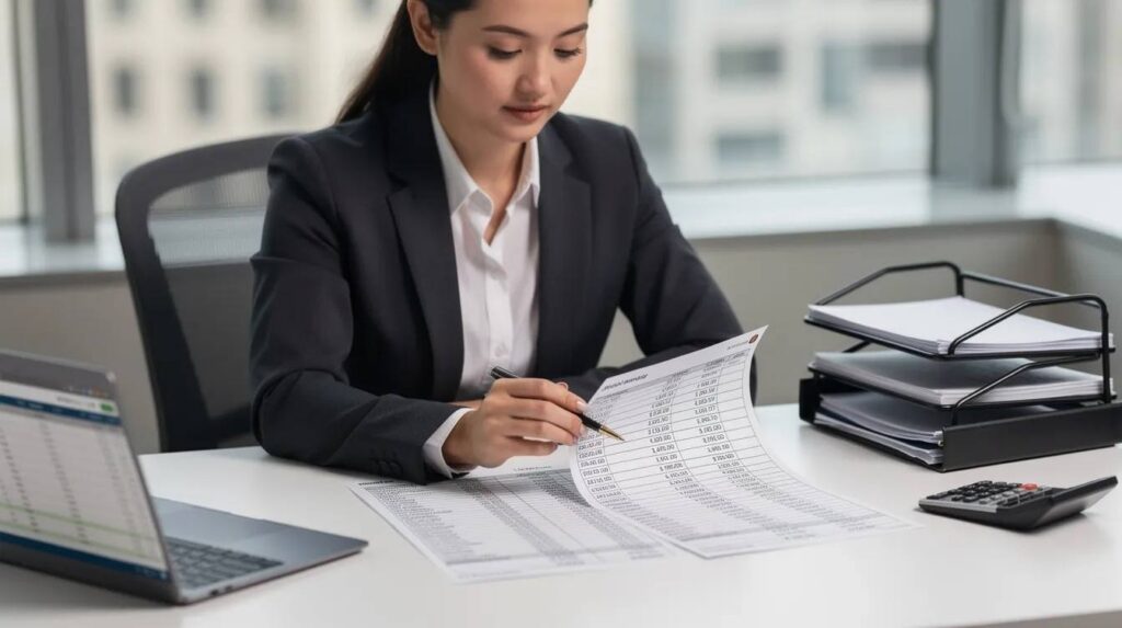 A professional is diligently reviewing payroll documents, ensuring accuracy and compliance with eligibility requirements for the Employee Retention Credit (ERC) program. The scene highlights the importance of proper documentation for businesses seeking assistance with tax credits under the CARES Act.