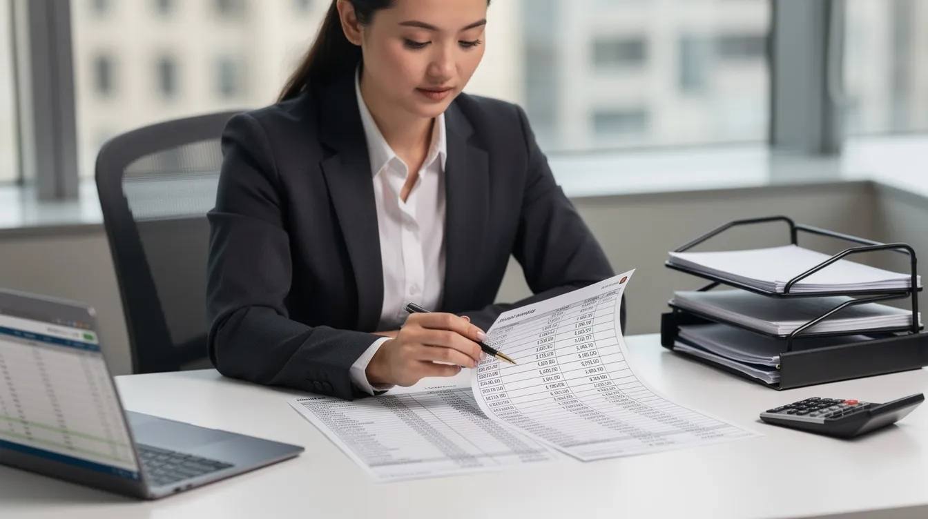 A professional is diligently reviewing payroll documents, ensuring accuracy and compliance with eligibility requirements for the Employee Retention Credit (ERC) program. The scene highlights the importance of proper documentation for businesses seeking assistance with tax credits under the CARES Act.
