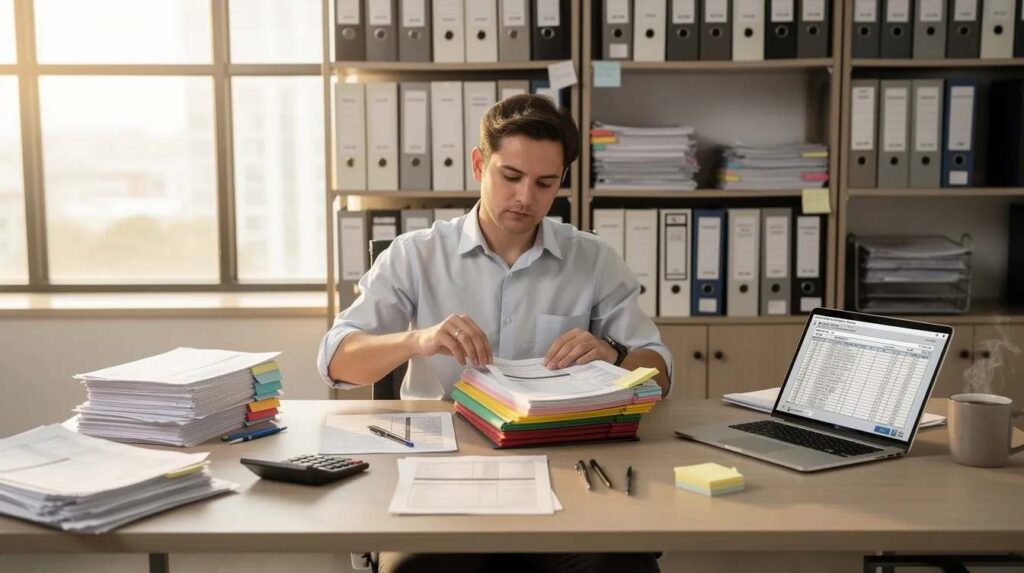 An accountant is meticulously organizing tax files, ensuring that all documentation related to employee retention tax credits and income tax returns is correctly filed. This careful arrangement helps eligible employers navigate the complexities of the ERC program and maximize their potential benefits.