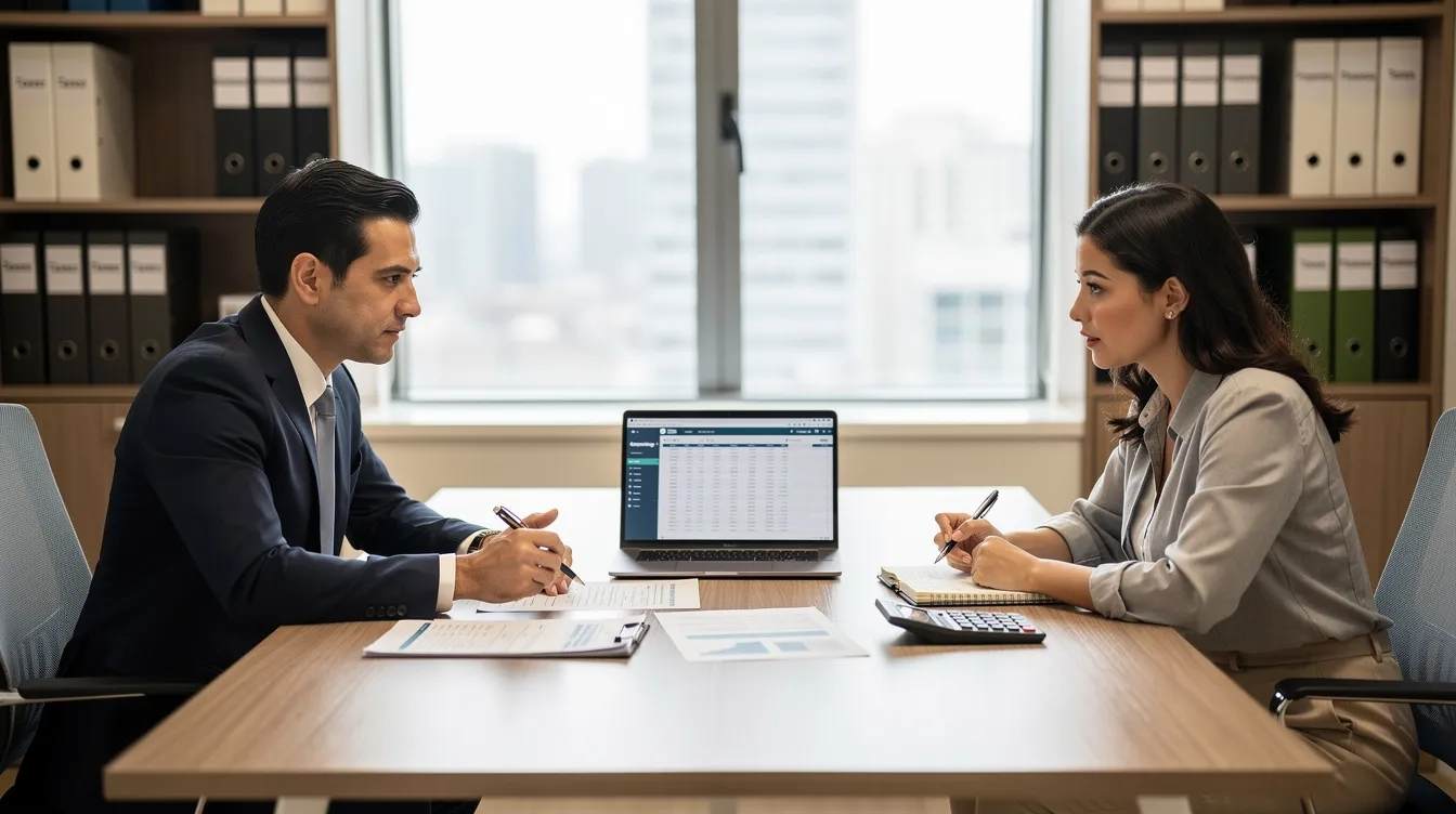 A business owner is sitting across from a tax advisor in a professional office setting, discussing the employee retention tax credit and its eligibility requirements. They are reviewing documentation related to the company's qualified wages and gross receipts to maximize potential benefits from the ERC program.