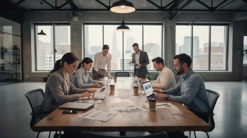 A group of finance and operations professionals is engaged in a detailed review of documents in a modern industrial office, focusing on property tax optimization and compliance with complex tax regulations. Their collaborative effort aims to develop effective property tax strategies that drive measurable results for capital-intensive companies.
