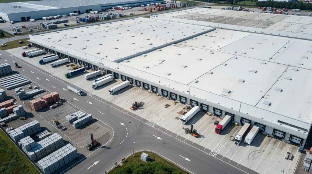 An aerial view showcases a sprawling industrial area featuring multiple warehouses, loading docks, and trucks parked in an expansive yard, highlighting the complexity of property tax optimization for capital-intensive companies. This scene reflects the dynamic nature of commercial real estate and the importance of strategic partnering in navigating complex tax regulations.