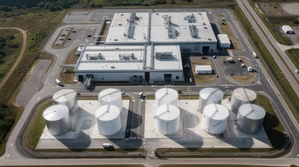 An aerial view of an industrial facility showcases large storage tanks, paved yards, and production buildings, highlighting the complex infrastructure often involved in property tax optimization and compliance for capital-intensive companies. This scene reflects the operational scale and strategic importance of industrial sites in managing tax strategies and maximizing savings.