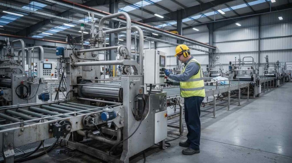 A manufacturing worker is closely inspecting industrial machinery within a large production facility, ensuring compliance with complex tax regulations and optimizing property tax strategies. The scene highlights the importance of delivering expertise in tax consulting for capital-intensive companies in the manufacturing sector.