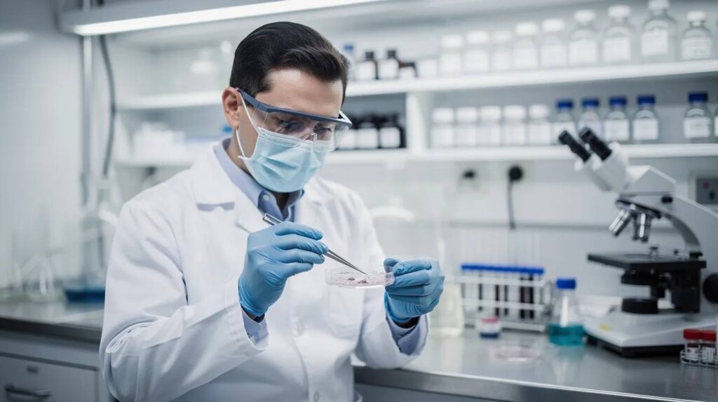 A scientist in a clean laboratory is inspecting various samples, surrounded by advanced equipment and tools essential for research and development. This setting emphasizes the importance of qualified research activities and the role of tax credit specialists in supporting innovative businesses through tax credit claims and compliance.