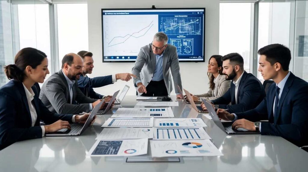 A group of finance and engineering professionals is collaboratively reviewing documents, likely related to tax credit services and research activities. They appear to be discussing key components of the R&D tax credit process, ensuring compliance with IRS guidelines while aiming to assist clients in achieving their business goals.