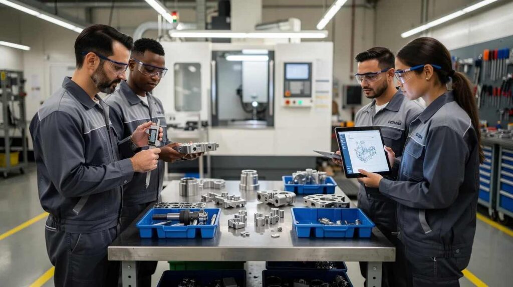 In a bustling manufacturing workspace, engineers are intently reviewing prototype parts, surrounded by tools and equipment essential for research and development. This collaborative effort highlights the importance of qualified research activities and the potential for tax credit services to support innovation in engineering and manufacturing.
