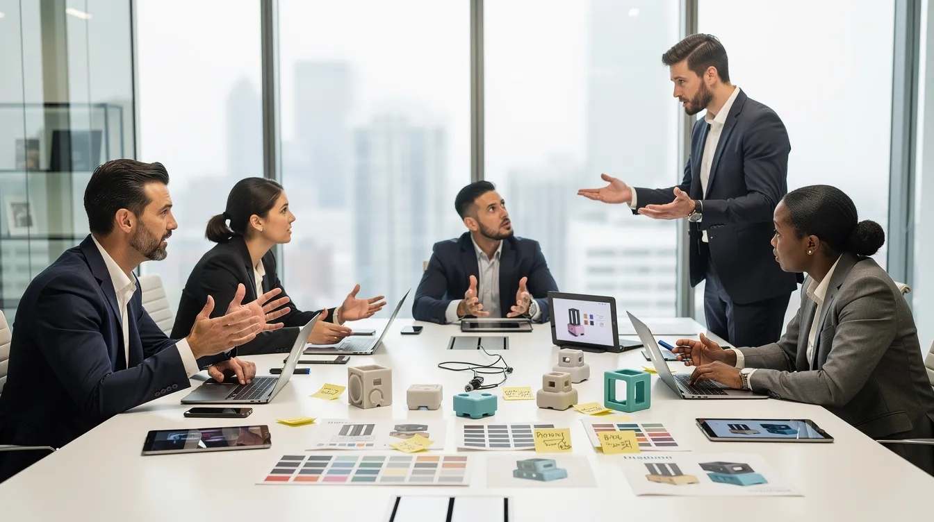A diverse group of professionals is seated around a conference table, engaged in a discussion about product design samples. They are likely evaluating alternatives and collaborating on new or improved products, which may involve considerations related to research and development tax credits and ensuring compliance with IRS guidelines.