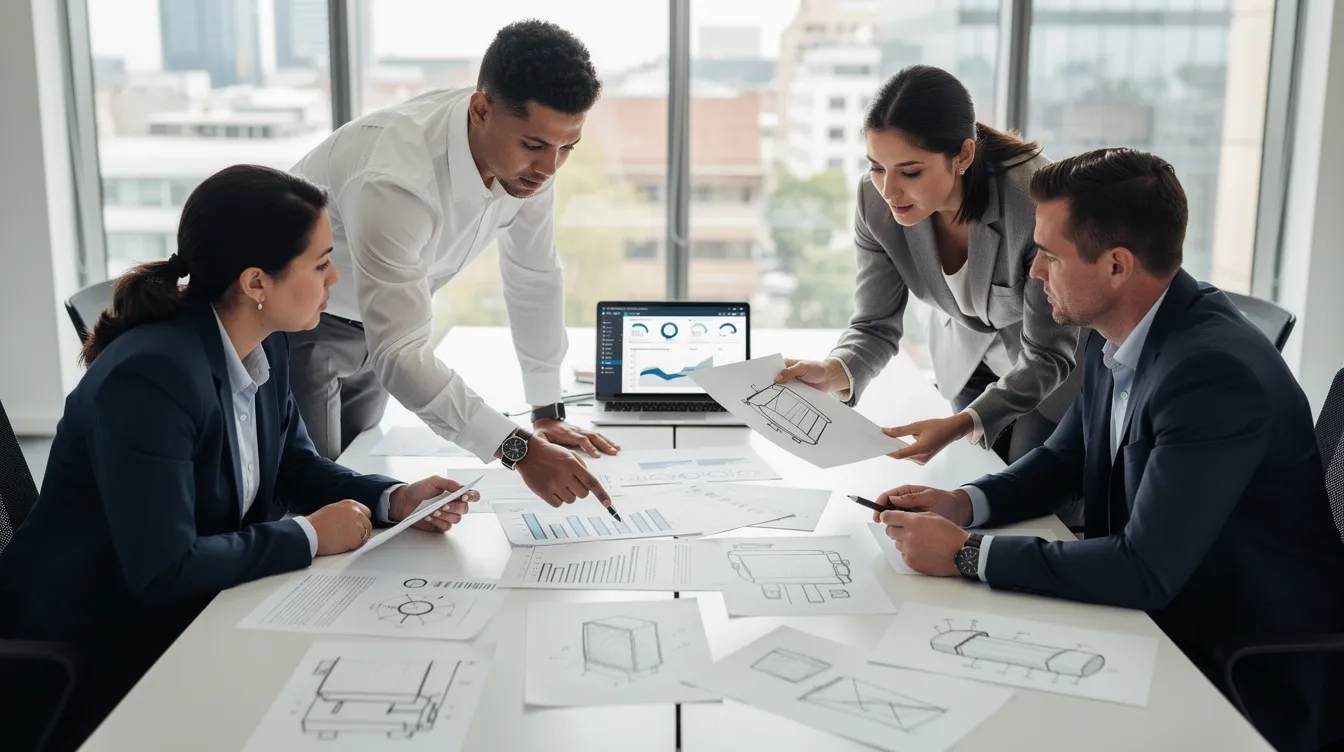 A team of professionals gathered around a conference table discussing financial documents and product sketches, highlighting their focus on tax credit services and qualified research activities.