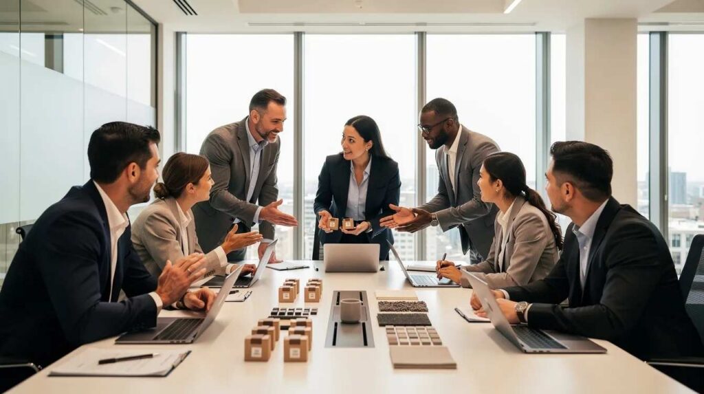 A group of professionals is engaged in a discussion around a conference table, reviewing product samples and exploring potential research activities that may qualify for federal tax credits. They are focusing on maximizing benefits for their clients by assessing qualified research expenses and identifying opportunities for innovation and development within their industry.